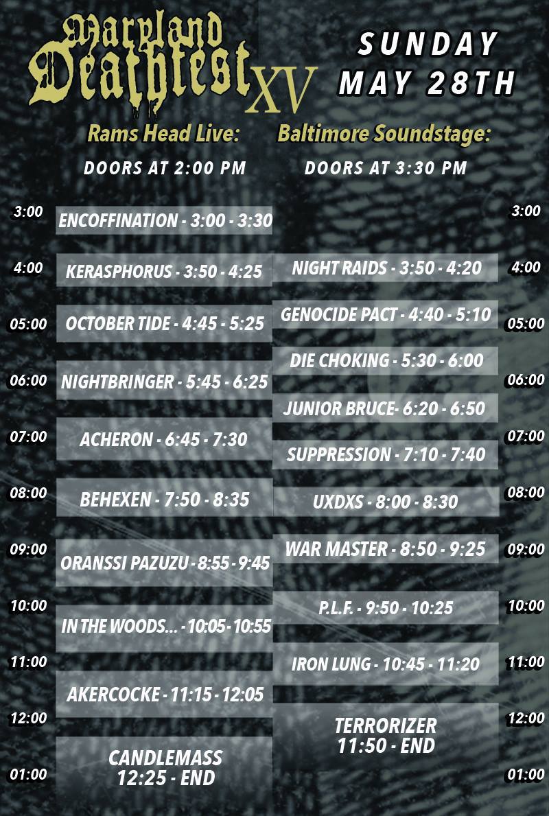maryland deathfest set times for may 28 poster